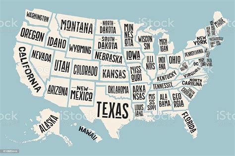 Ilustración De Poster Map United States Of America With State Names Y