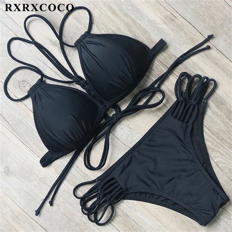 Rxrxcoco Sexy Bandage Bikinis Women Swimsuit Push Up Solid Swimwear Women Biquinis Feminino 2018