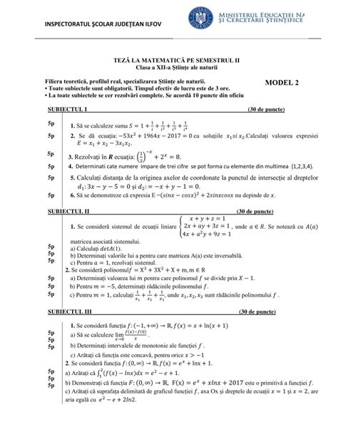 Modele Teza Matematica 2018 Semestrul 2 Clasa A 12 A
