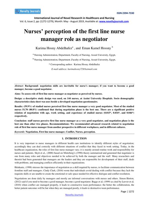 Pdf Nurses Perception Of The First Line Nurse Manager Role As Negotiator