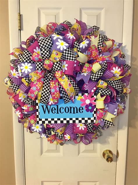 Welcome Wreath Spring Wreath Flower Wreath Made With Deco Mesh Multiple Ribbons Wooden