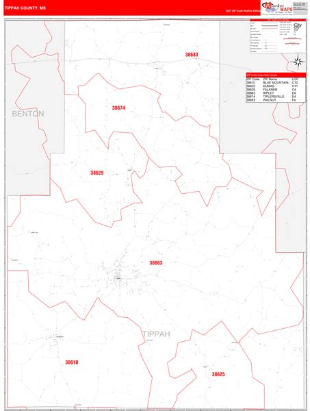 Tippah County Ms Zip Code Wall Map Red Line Style By