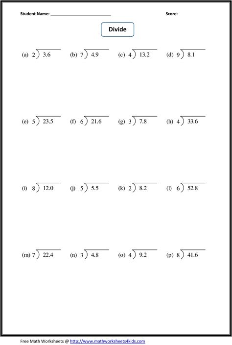 Dividing Decimals By Whole Numbers Grade 6 Decimals Worksheet K5learning