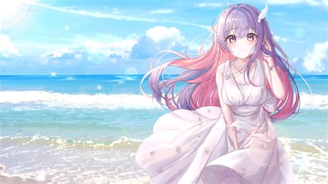 Download 1920x1080 Attractive Anime Girl White Dress Smiling Purple