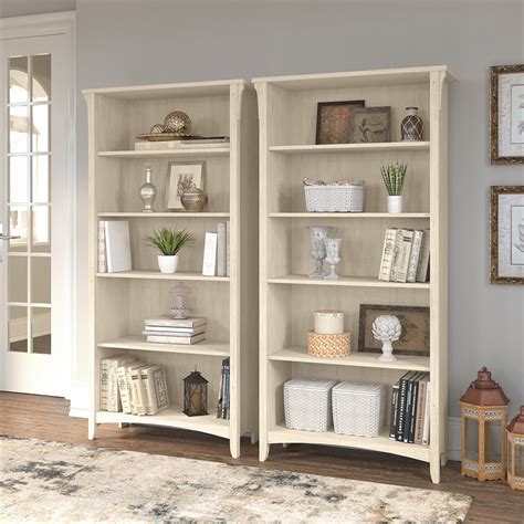 Salinas Tall 5 Shelf Bookcase Set Of 2 In Antique White Engineered Wood