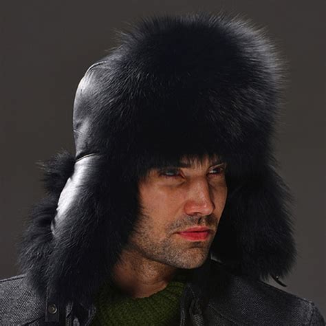 Mens Real Fox Fur Hat Male Fur Cap Real Sheep Lather Top Headdress