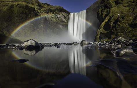 The Skogafoss Waterfall Iceland Picturesque Huge Rainbow Appears In The