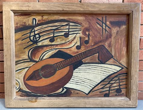 Nice Framed Vintage 1960s Musical Instruments Still Life Painting Mid