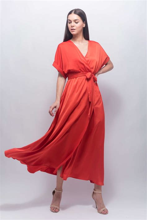 Orange Maxi Wrap Front Satin Dress - BOUTIQNA