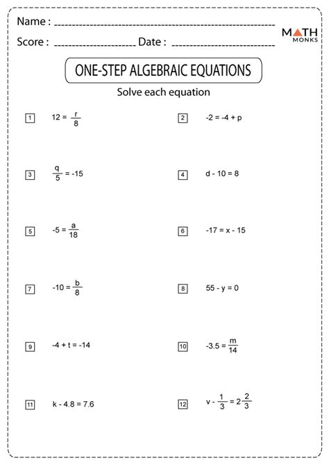 Math Worksheet One Step Equations