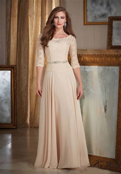 Bateau Neckline Long Champagne Chiffon Lace Mother Of The Bride Evening Dress With Sleeves