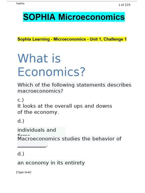 SOPHIA Microeconomics Sophia Learning Microeconomics Unit Challenge Economic Terms