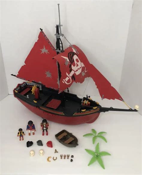 Vintage Playmobil Pirate Ship Red Corsair With Figures
