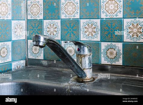 Old Rusty Sink Faucet In Kitchen Rust Streaks Calcium Scale Hard