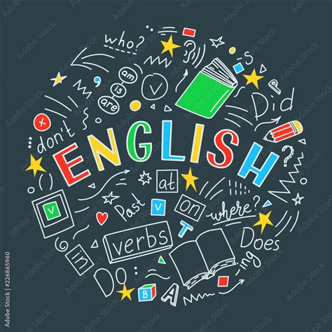 English Language Hand Drawn Doodles And Lettering Education Vector