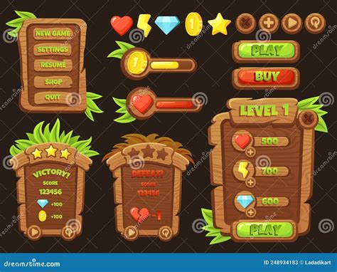 Ui Game Elements Wooden Element For Menu Interface Cartoon Buttons