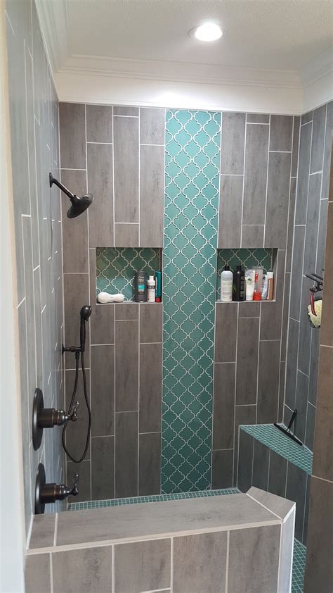 Ready to update your bath? Teal Arabesque Tile Accent, Teal Shower Floor, Grey wood ...