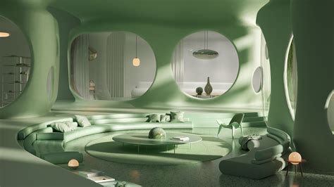 Retro Futuristic Monochromatic Living Room Rendering