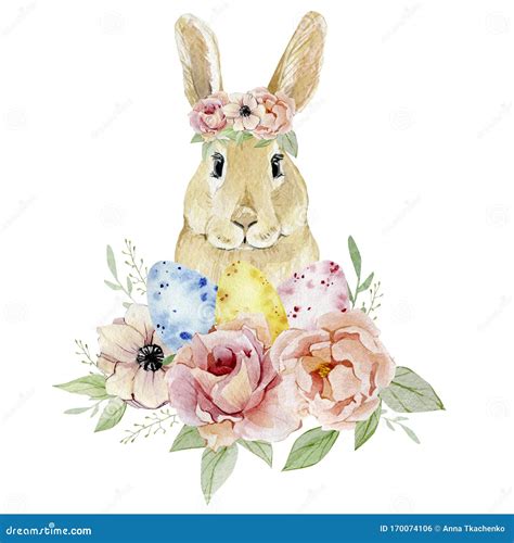 Watercolor Happy Easter Egg Nd Funny Bunny With Botanical Flowers