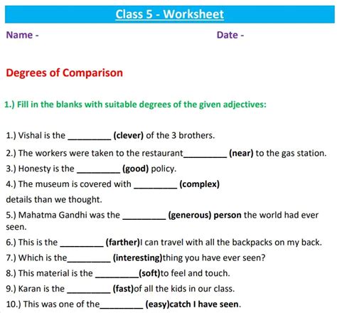 Degrees Of Comparison Class 5 Worksheet Fill In The Blanks With