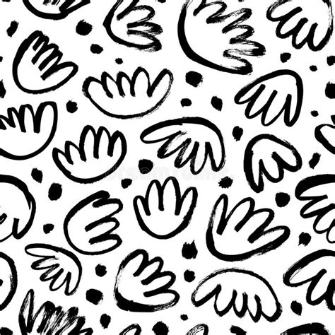 Brush Black Abstract Flowers And Dots Vector Seamless Pattern Hand