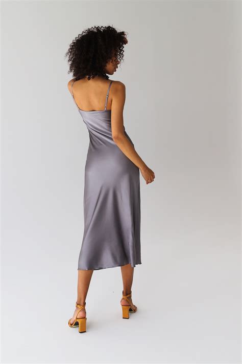 Dark Gray V Neck Silk Slip Midi Dress Silk Slip Trends Dress Etsy
