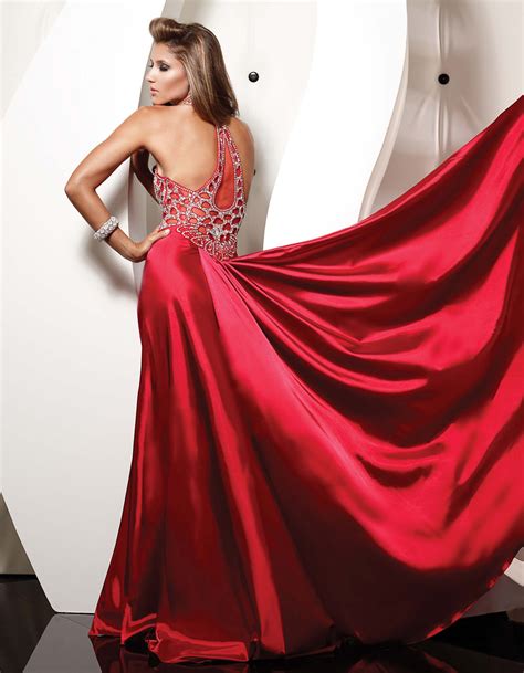 Red Sheath Column Halter V Neck Full Length Slit Sweep Brush Train