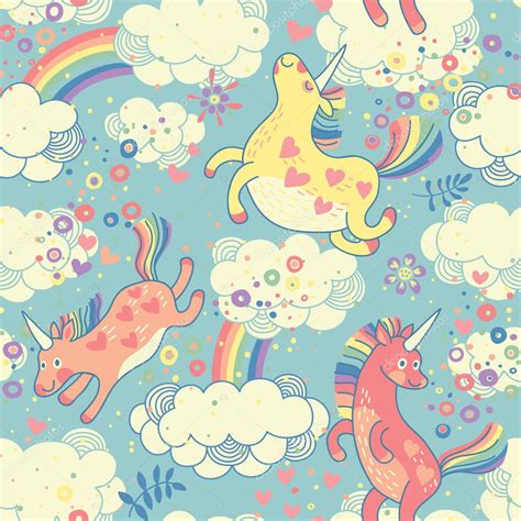 Cute Seamless Pattern With Rainbow Unicorns In The Clouds — Stock