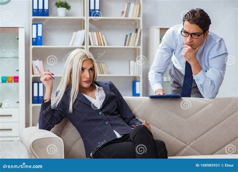 The Young Woman Visiting Psychiatrist Man Doctor For Consultation Stock Image Image Of Illness
