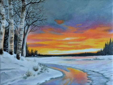 Winter Sunset Snow Scene Original Acrylic On Canvas Painting Winter
