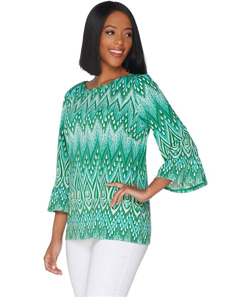 Bob Mackie Bob Mackie Womens Peacock Feather Print Top Plus 1x Ruffle Sleeves Green A303300