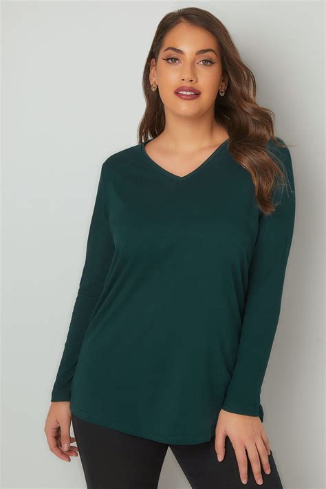 Green Long Sleeved V Neck Jersey Top Plus Size 16 To 36 Yours Clothing