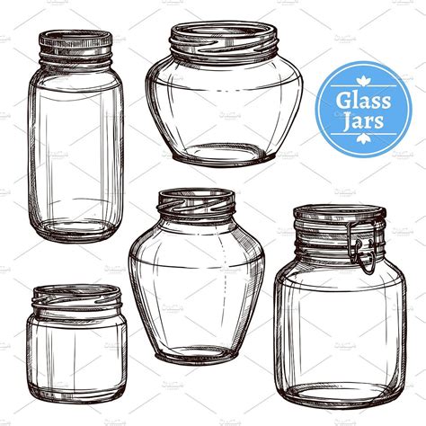 Hand Drawn Glass Jars Set Bottle Drawing Jar Jar Art