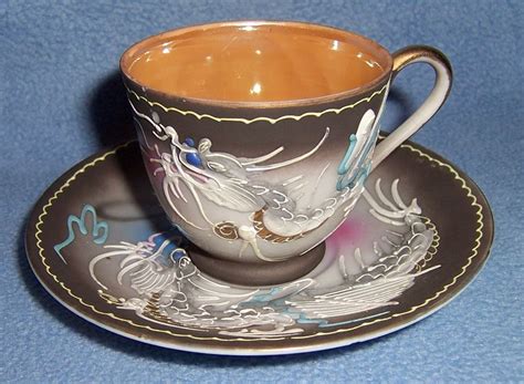 Vintage Japan Small Tea Cup And Saucer Fighting Dragon Flying Fish Gold