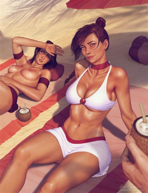 Rule 34 2girls Avatar The Last Airbender Beach Krysdecker Pinup Straight Hair Suki Sunbathing