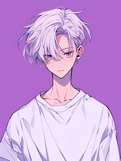 an anime character with white hair and blue eyes wearing a white shirt in front of a purple