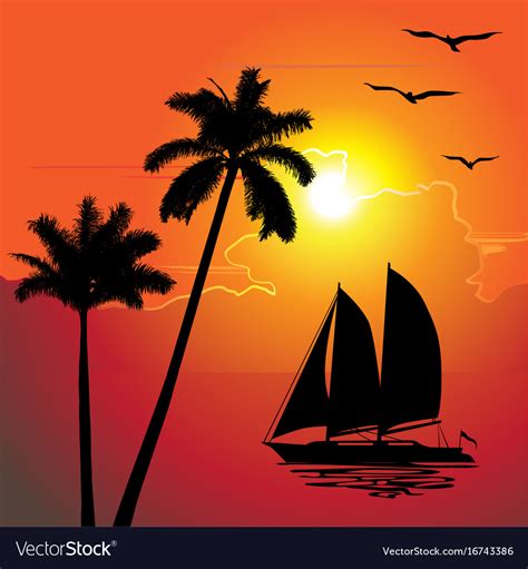 Tropical Evening Sunset Palm Trees Boat Royalty Free Vector