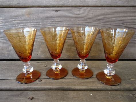 Amber Etched Cordial Glasses Set Of 4 By Catsandclover On Etsy Cordial Etching Amber