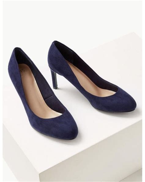 Marks And Spencer Velvet Wide Fit Stiletto Heel Court Shoes Navy In Blue