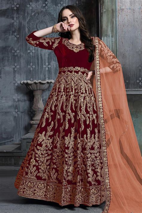 Buy Crimson Red Zari Embroidered Velvet Anarkali Suit With Net Dupatta Online Like A Diva