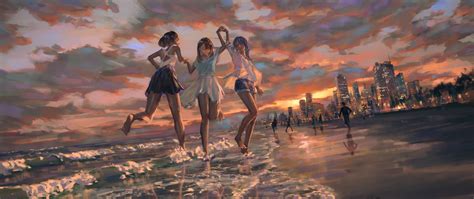 K Anime Girls Barefoot Women Anime Beach Sunset Sky
