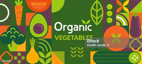 Spanduk Sayuran Organik Dalam Gaya Geometris Sederhana Ilustrasi Stok