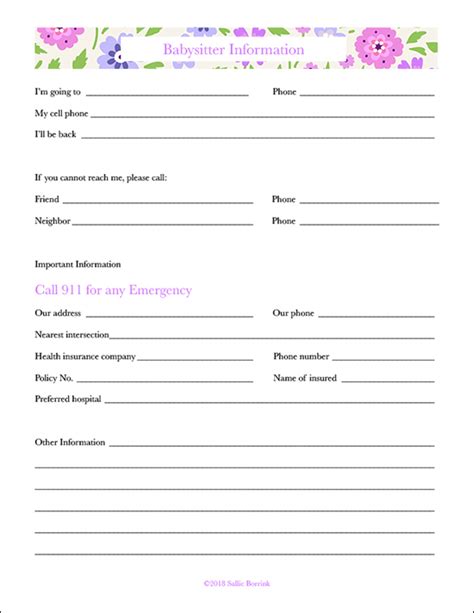 Babysitter Information Form Printable Printable Forms Free Online