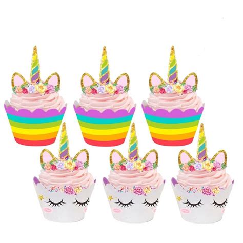 24pcs Unicorn Cupcake Topper Birthday Party Decorations Kids Rainbow