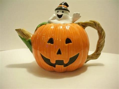 1980s Vintage Halloween Pumpkin Tea Pot With Ghost Lid Etsy Tea