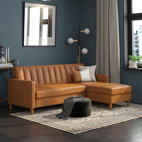 Dhp Celine Sectional Futon And Couch With Storage Camel Faux Leather