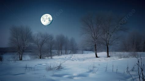 Full Moon Is Over A Snowy Landscape Background Winter Moon Picture