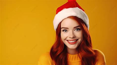 Redhead Girl With Christmas Hat Isolated On Yellow Background Smiling A