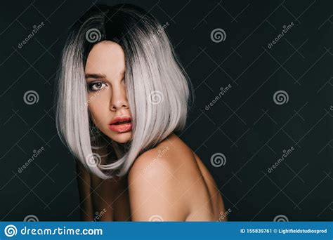 Beautiful Sensual Naked Girl Posing In Grey Wig Isolated Stock Image