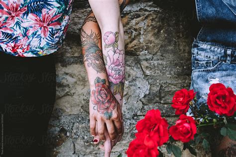 Tattooed Women Holding Her Hands Stock Image Everypixel